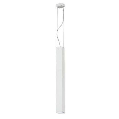 biała lampa wisząca z punktowym długim kloszem