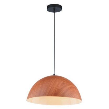 drewniana lampa wisząca z dużym kloszem nad stół w jadalni