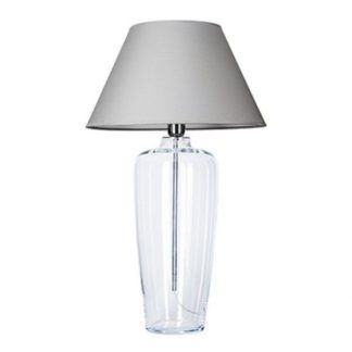 duża szklana lampa stołowa z szarym abażurem - elegancka
