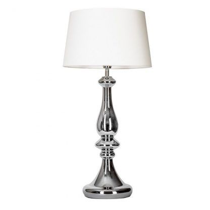 srebrna lampa stołowa z białym abażurem