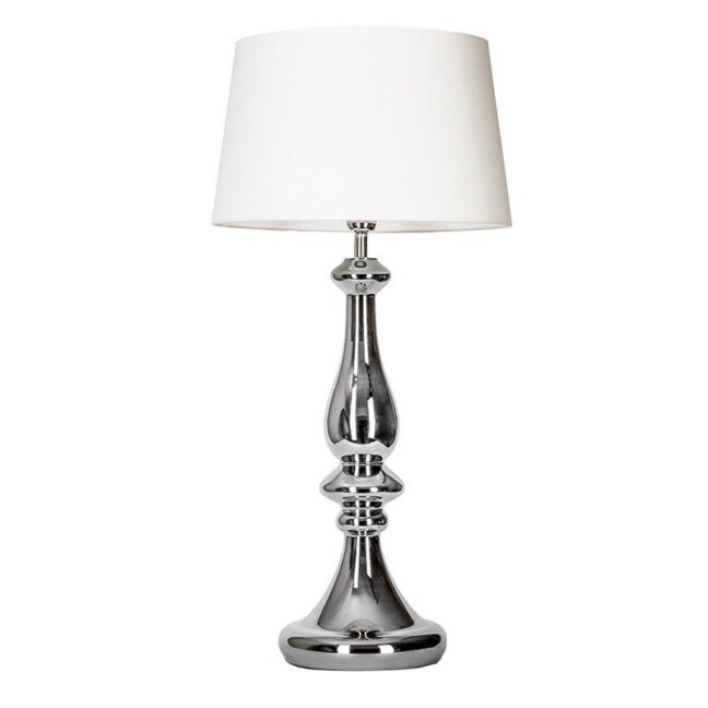srebrna lampa stołowa z białym abażurem