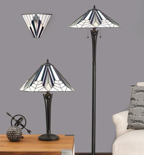 komplet lamp witrażowych salon w szarościach