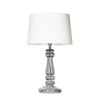 lampa stołowa z białym abazurem i szklaną przezroczysta podstawą