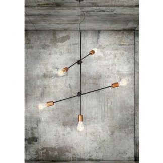 "Lampa wisząca Sticks czarno-miedziana z pięcioma źródłami światła, nowoczesny żyrandol molekularny do wysokich sufitów, industrialne oświetlenie loftowe.