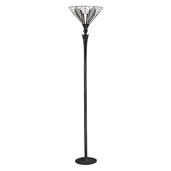 wysoka lampa podłogowa z witrażowym kloszem