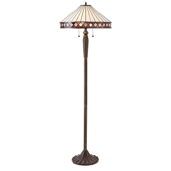 brązowa lampa podłogowa z witrażowym kloszem