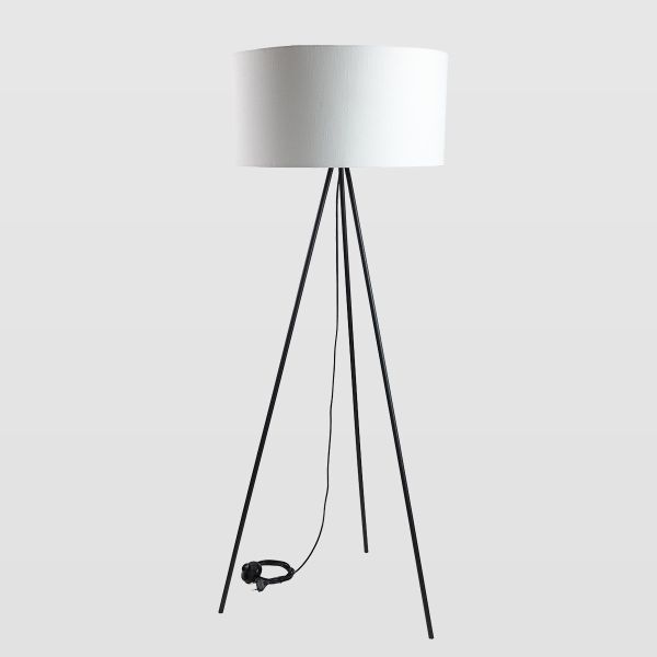 czarny trójnóg - lampa podłogowa z białym okrągłym abażurem