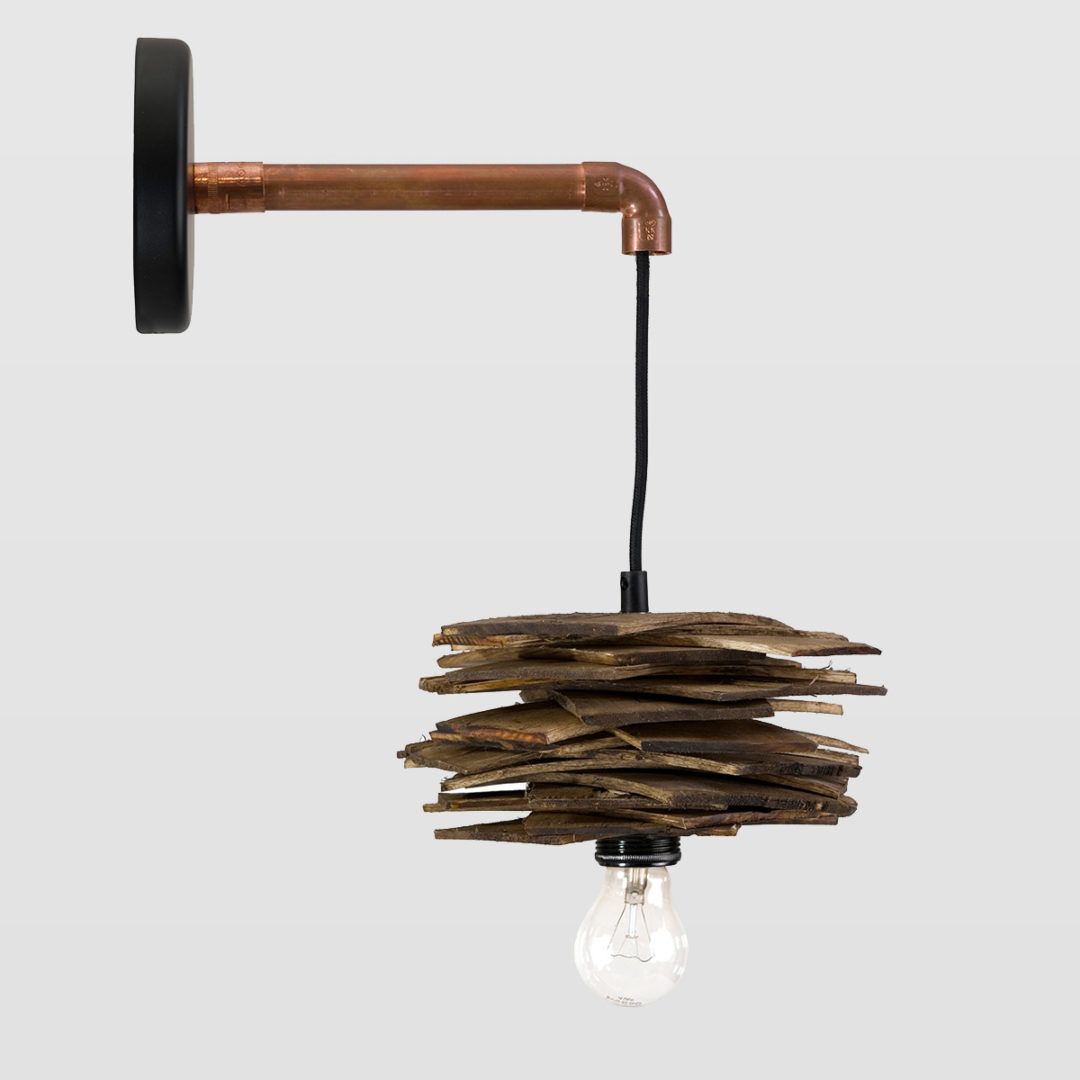 Lampa ścienna Shingle - drewniana z rurką miedzianą