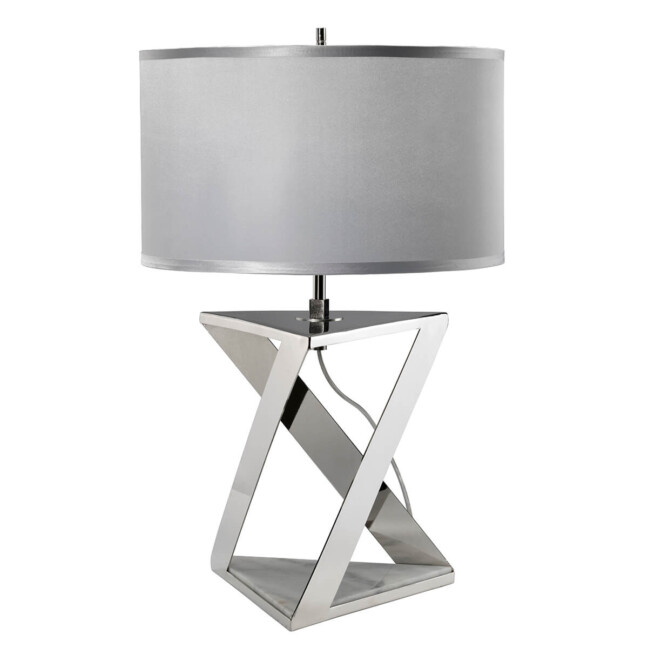 Srebrna lampa geometryczna z szarym abażurem sypialnia