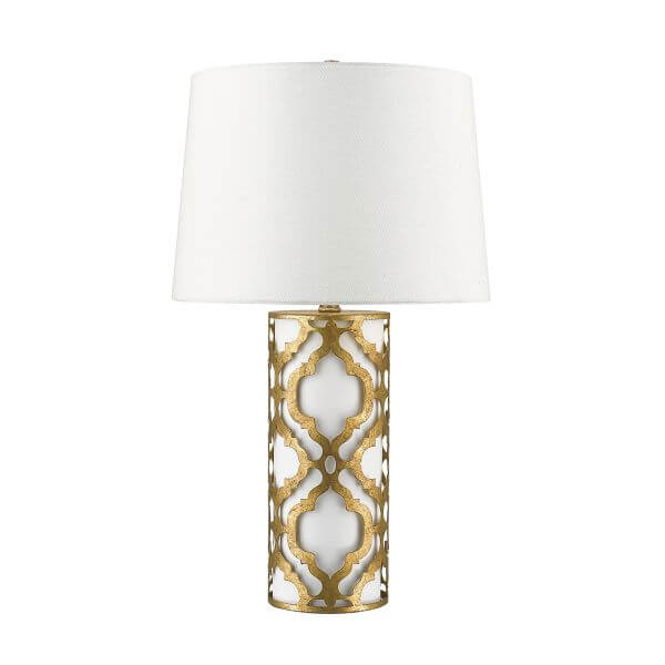 Lampa z klasycznym białym abażurem z wzorzystą podstawą