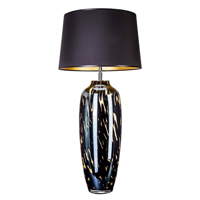 wysoka czarna lampa stołowa z abażurem