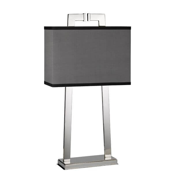 Lampa z szarym abażurem z geometryczną srebrną podstawą