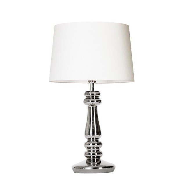 srebrna lampa stołowa z białym abażurem do sypialni
