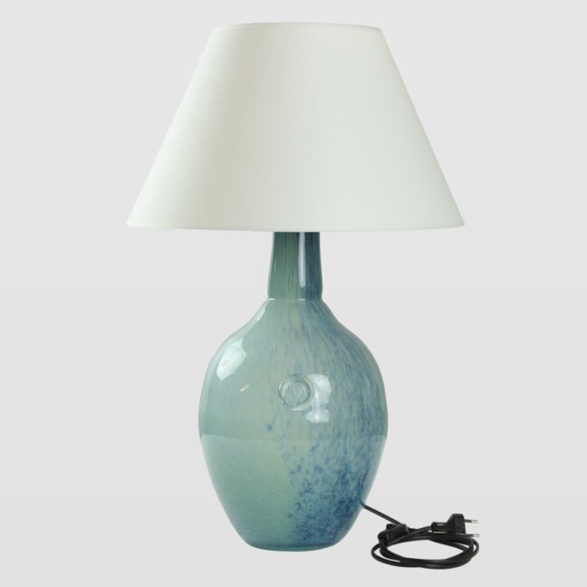 błękitna lampa stołowa szklana z abażurem nowoczesnym
