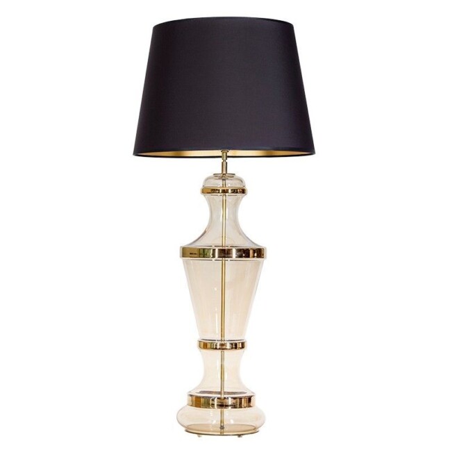 szklana lampa stołowa złote detale czarny abażur