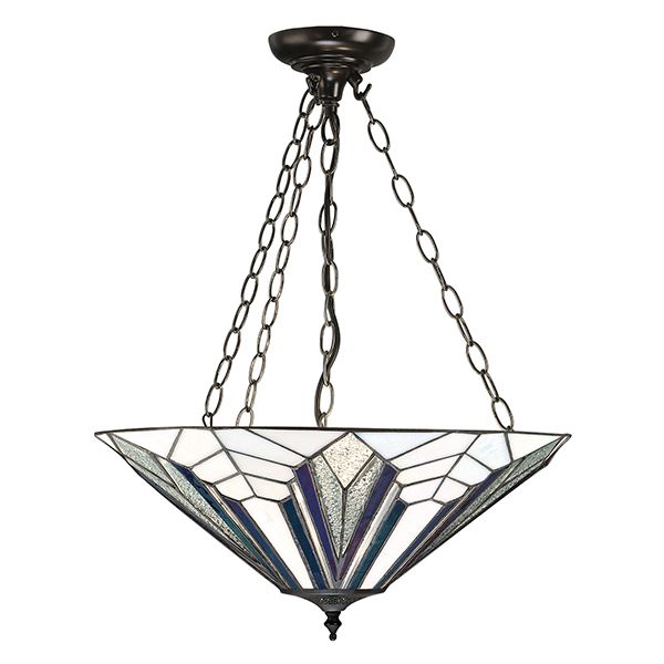 brązowa lampa wisząca z witrażowym kloszem
