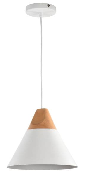 biała lampa wisząca scandi z drewnem