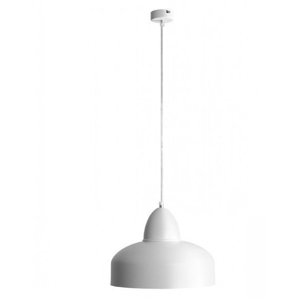 Biała lampa wisząca z okrągłym metalowym kloszem