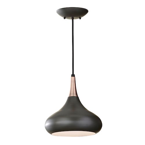 czarna lampa wiszaca z miedzianym wykończeniem do kuchni