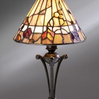 brązowa lampa stołowa z witrażowym kloszem