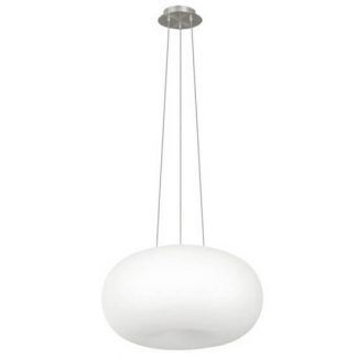 Metalowa lampa wisząca z białym owalnym kloszem salon