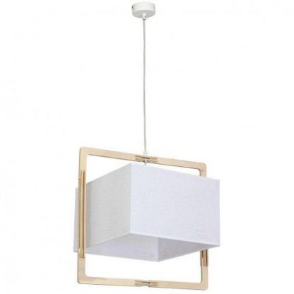 nowoczesna biała lampa wisząca w drewnianej ramie