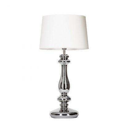srebrna klasyczna lampa stołowa z białym abażurem