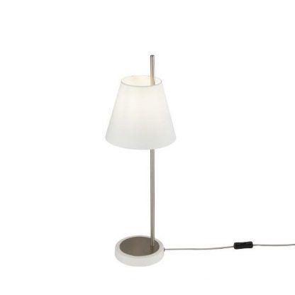 srebrna lampa stołowa z białym abażurem nowoczesna