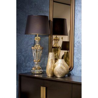 szklana lampa stołowa z czarnym abażurem złoto