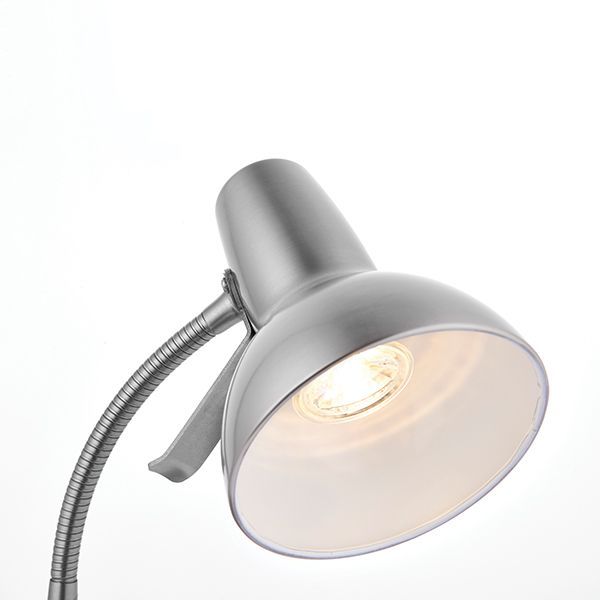 Srebrna lampa biurkowa Amalfi - giętkie ramię, port USB
