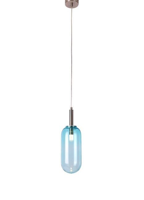 Nowoczesna, niebieska, szklana, przezroczysta lampa wisząca Fiuggi w owalnym kształcie, z chromowanym wykończeniem i srebrnym mocowaniem sufitowym.