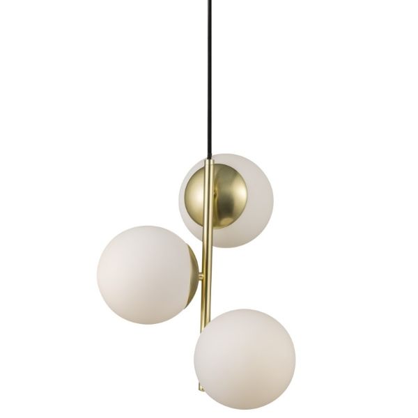 złota lampa wisząca z 3 kulami szklanymi