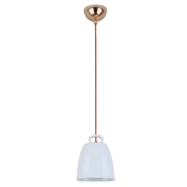 biała lampa - czerwony kabel - złota podsufitka