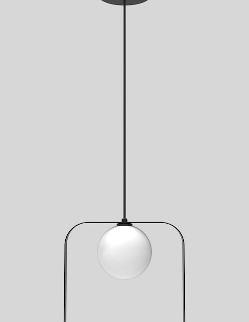 czarny kwadrat z kulą w środku lampa wisząca