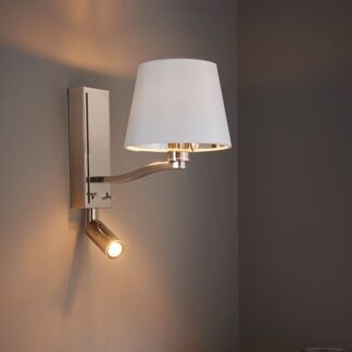 Nowoczesny, elegancki srebrny kinkiet do sypialni - 2 źródła światła z białym abażurem