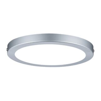 Okrągły srebrny, plafon sufitowy LED z białym panelem świetlnym na białym tle.