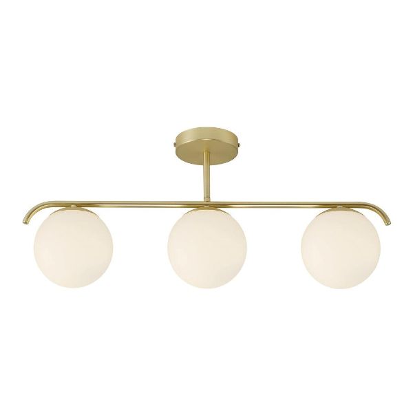 Elegancka, złota lampa sufitowa Grant w stylu minimalistycznym. Metalowa konstrukcja z poziomą belką, na której zamocowano trzy białe, matowe, kuliste klosze. Montaż podsufitowy z okrągłą rozetą. Idealna do nowoczesnych sypialni.