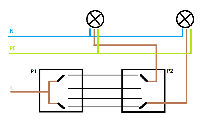 schemat podwójnego włącznika schodowego