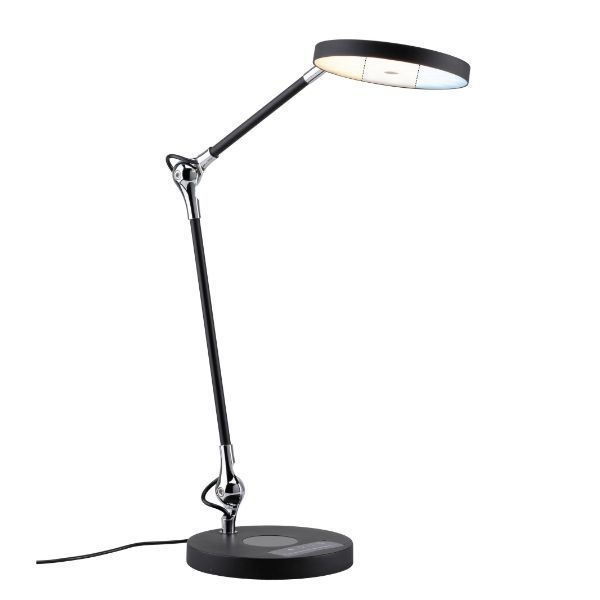 Czarna lampa biurkowa Numis - ładowanie telefonu