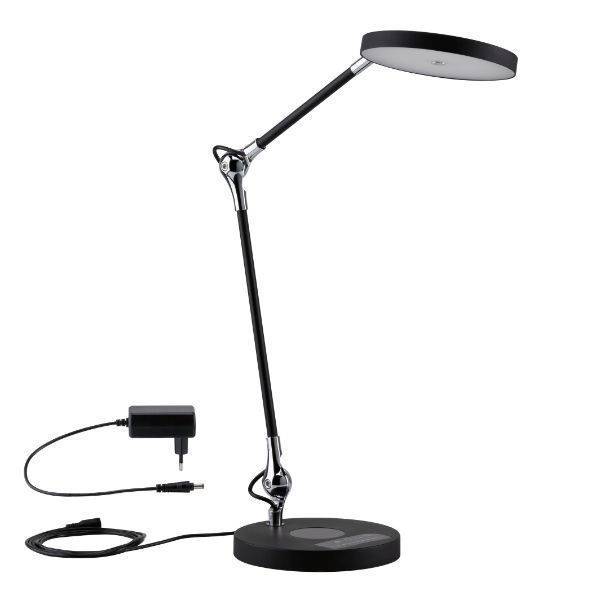 Czarna lampa biurkowa Numis - ładowanie telefonu