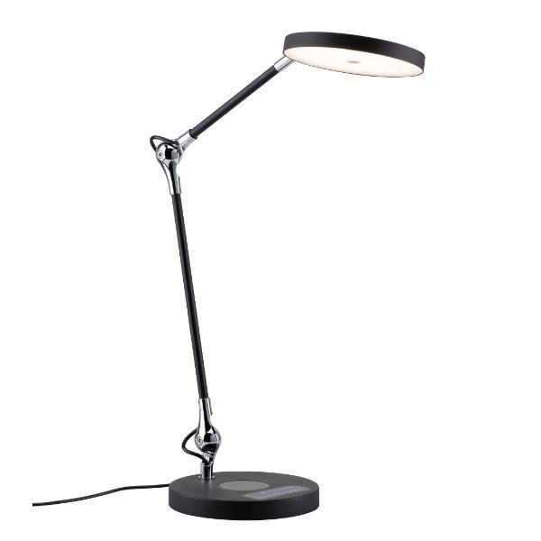 Czarna lampa biurkowa Numis - ładowanie telefonu