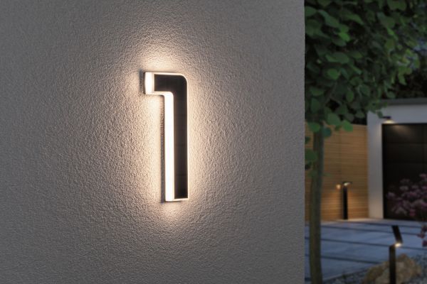 Podświetlany numer domu solarny 1 czarny, adresowy kinkiet zewnętrzny LED na elewację i ogrodzenie, nowoczesna lampa z efektem 3D