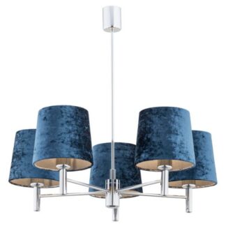 Elegancki żyrandol Bolzano z pięcioma granatowymi, welwetowymi abażurami.