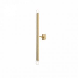 Złoty kinkiet Tubo Short w kształcie cienkiej rurki z dwoma źródłami światła. Minimalistyczna lampa ścienna w mosiężnym wykończeniu montowana pionowo. Nowoczesne oświetlenie w stylu glamour do eleganckich wnętrz i korytarzy.