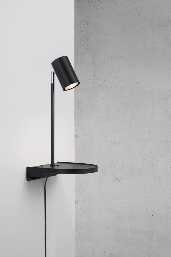 Kinkiet ścienny Cody - Nordlux - czarny, z półką i portem USB, nad łóżko, nad sofę