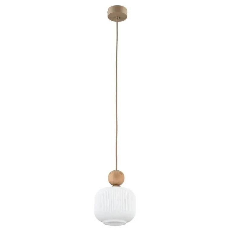 Mała lampa wisząca Ballo 15 cm, biały ryfowany klosz, drewno, 5 lat gwarancji