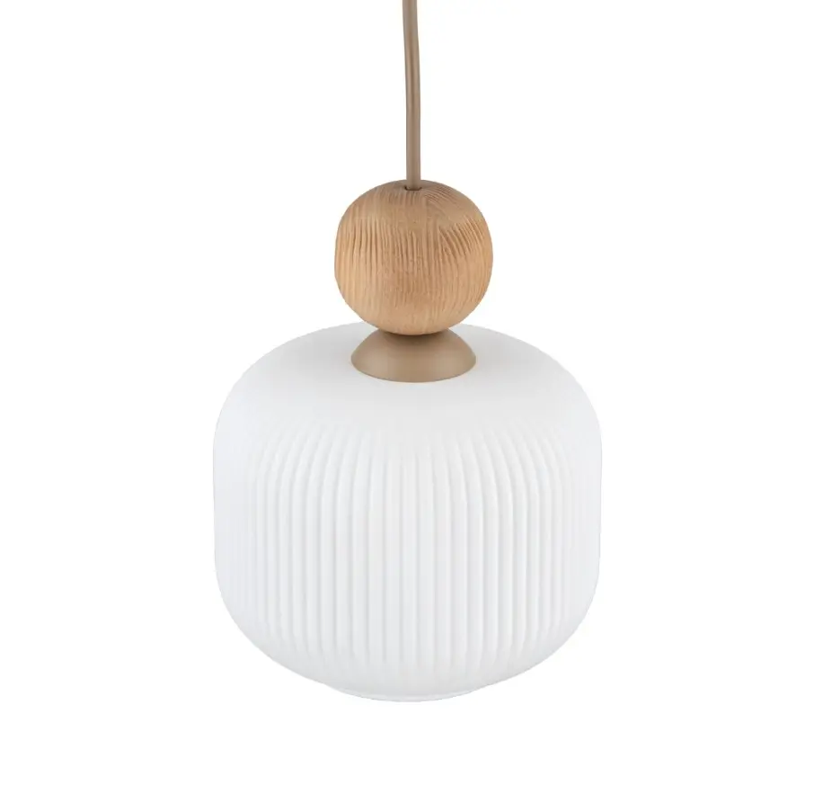 Mała lampa wisząca Ballo 15 cm, biały ryfowany klosz, drewno, 5 lat gwarancji