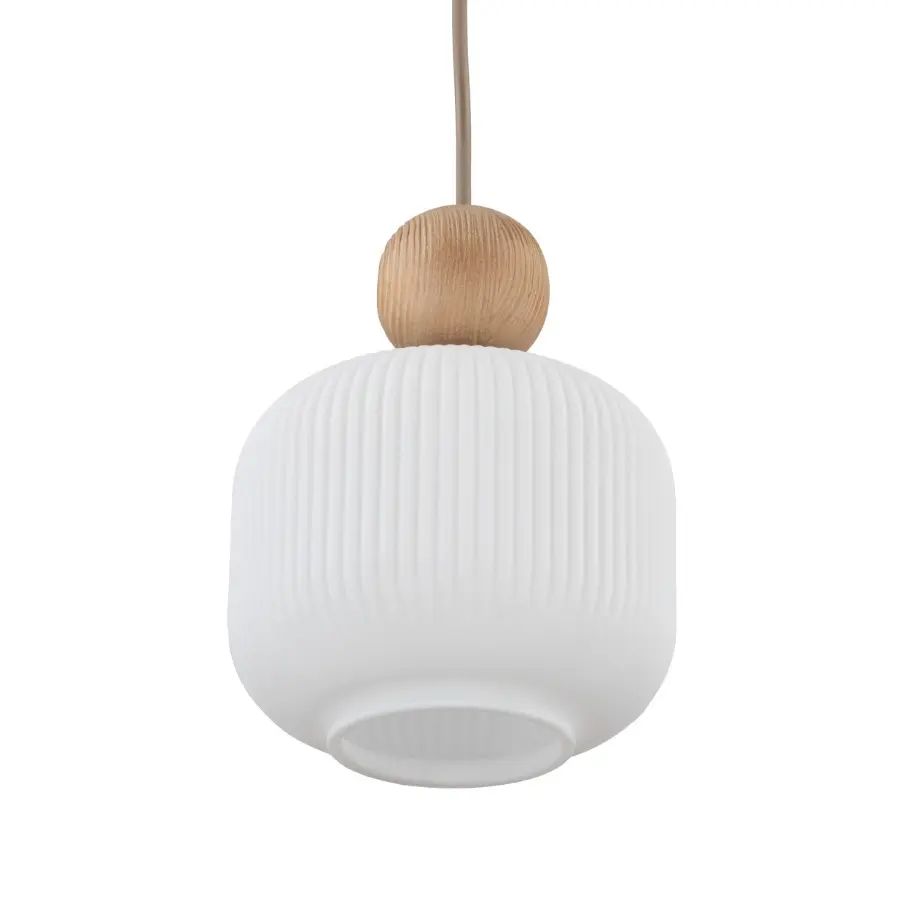 Mała lampa wisząca Ballo 15 cm, biały ryfowany klosz, drewno, 5 lat gwarancji