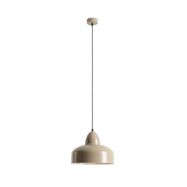 Beżowa, nowoczesna lampa wisząca z metalowym kloszem, zawieszona na czarnym przewodzie.