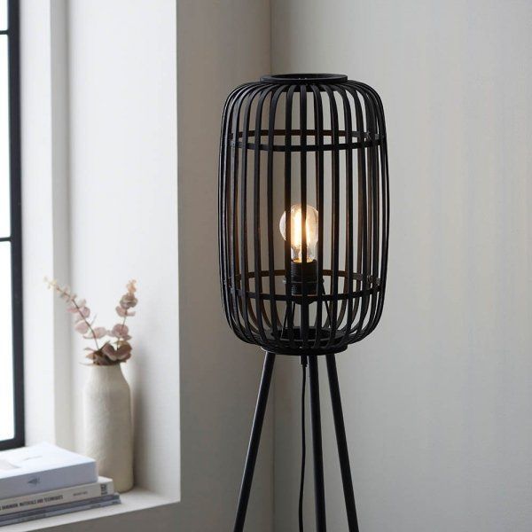 Bambusowa lampa stojąca Mathias z ciemnym kloszem